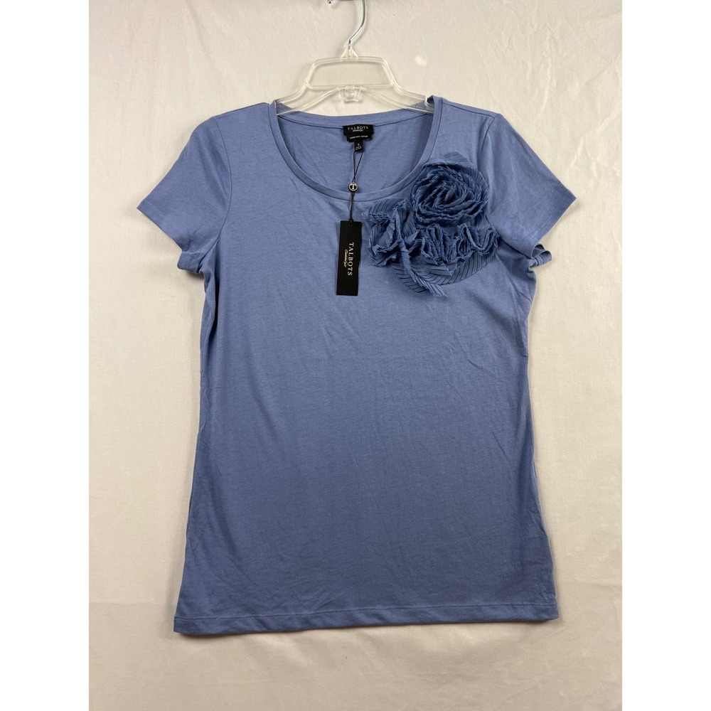 Talbots T-Shirt Women S Blue Pima Cotton Short Sleeve 3D Floral Rosette New